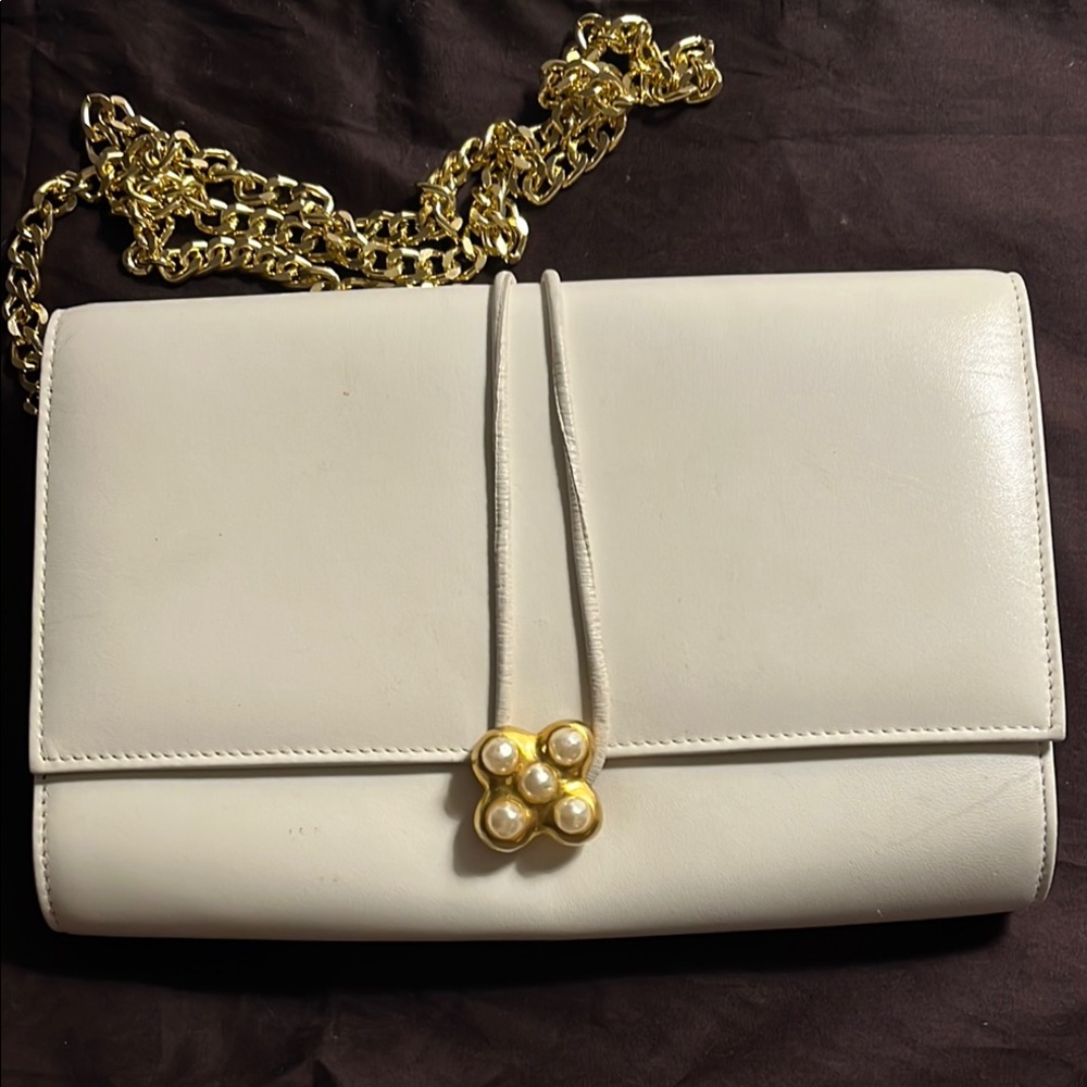 Vintage Donna Karan New York Cream and Gold Tone & Pearl Trim Clutch